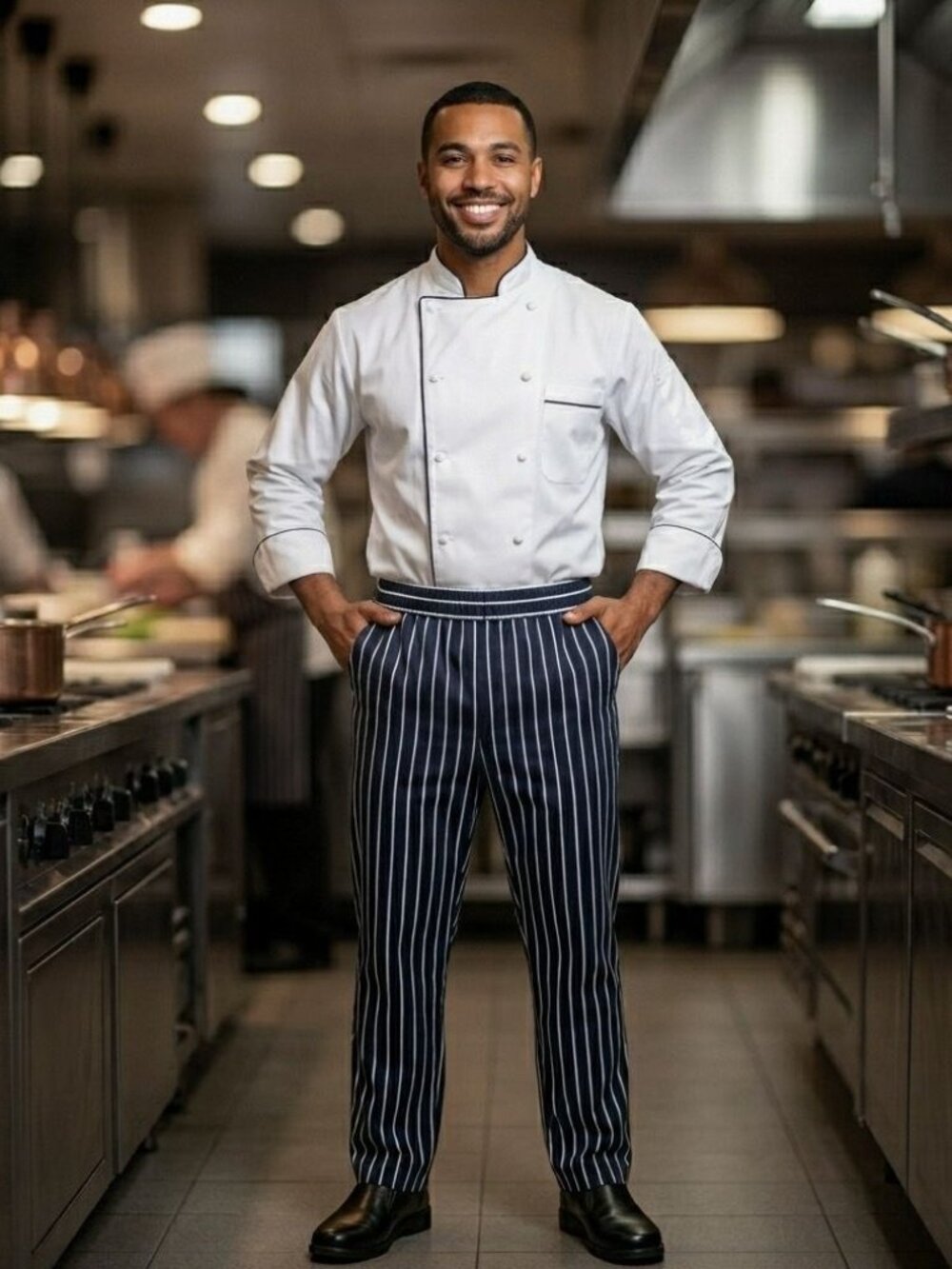 Cookman Waiter Straight Fit Pants High Rise Striped Elastic Waist Chef Kitchen